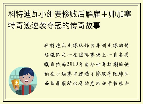 科特迪瓦小组赛惨败后解雇主帅加塞特奇迹逆袭夺冠的传奇故事